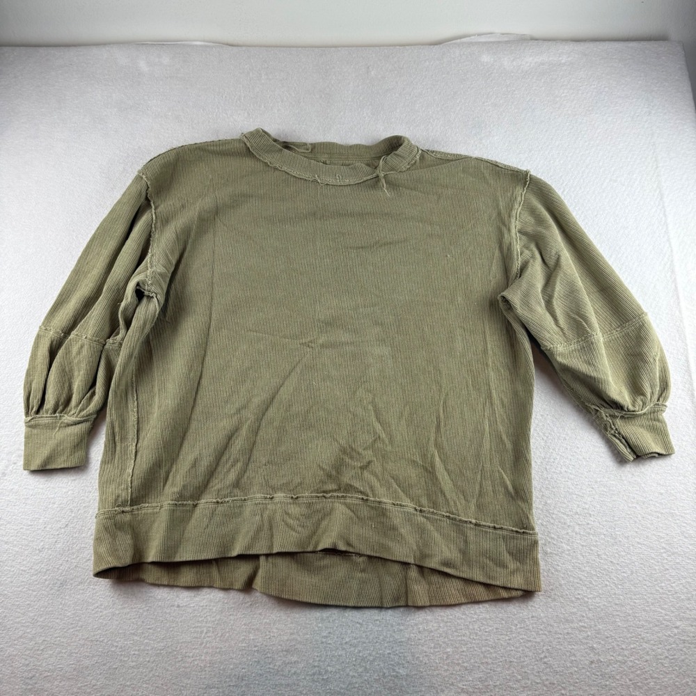 We The Free Free People Olive Green Thermal Ribbed Raw Edge Top Small